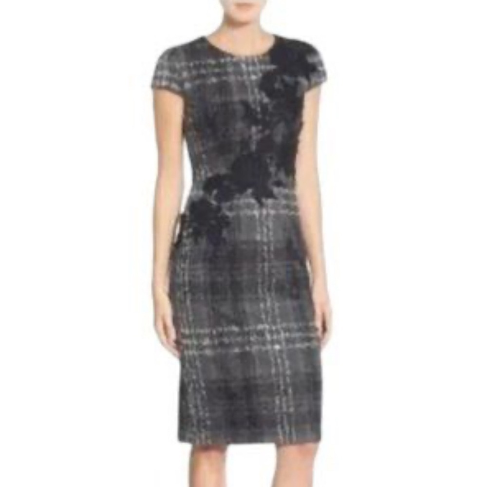 Betsey Johnson Lace Appliqué Plaid Sheath Dress Black Gray Size 6 Cocktail Midi